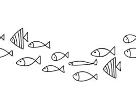 Fishes Seamless Pattern horizontal border. Illustration in doodle style isolated on white background. Marine Underwater design elements. vector