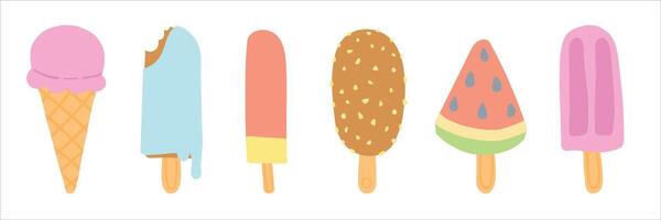 Colorful ice cream and wafle cone illustration featuring various flavors and styles on a white background. vector