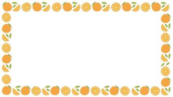 Oranges and slices with leaves forming a decorative border on a white background, citrus frame. vector