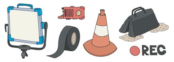 Film equipment light, tape, cone, bag, sandbag, and record icon on a white background. vector