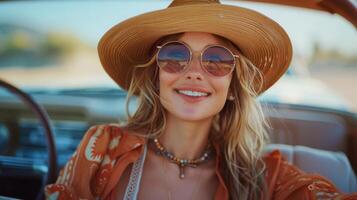 Woman Wearing Sunglasses and Hat in Car photo