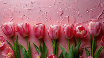 Pink Tulips Aligned Against Pink Wall photo