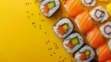 Close Up of Sushi on Pink Surface photo