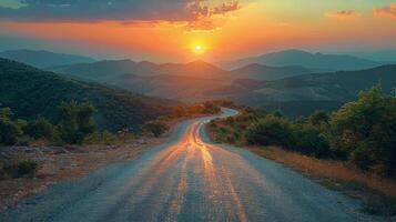 Dirt Road With Sunset Background photo