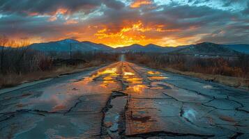 Dirt Road With Sunset Background photo