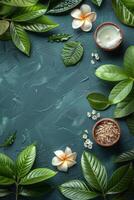 Table Covered With Green Leaves and Flowers photo