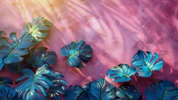 Group of Blue and Green Leaves on Pink Background photo