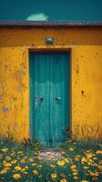 Yellow Building With Green Door and Yellow Flowers photo