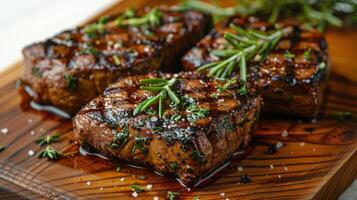 Wooden Cutting Board With Meat and Sauce photo