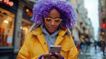 mujer con púrpura pelo mirando a Teléfono móvil foto