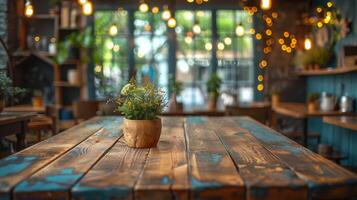 Wooden Table With Potted Plant photo