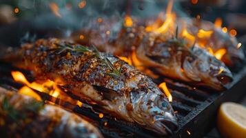 Two Fish Cooking on Grill With Flames photo