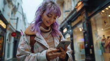 mujer con púrpura pelo utilizando célula teléfono foto