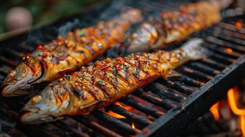 Grilled Fish Cooking on a Grill With Flames photo