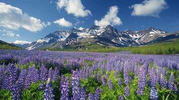Mountain Rising Above Sprawling Field of Flowers photo