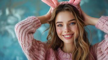 Woman Wearing Pink Bunny Ears Hat photo