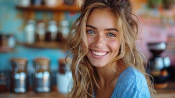 Attractive Young Woman Posing With Blue Eyes photo