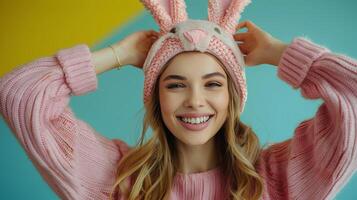 Woman With Bunny Ears Sitting on Floor photo