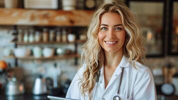 Smiling Woman in White Lab Coat photo