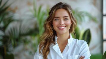 Woman Sitting at Table Smiling photo