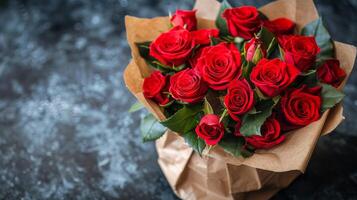 Brown Paper Bag Filled With Red Roses photo