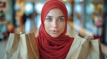 Woman in Red Hijab Holding Shopping Bags photo