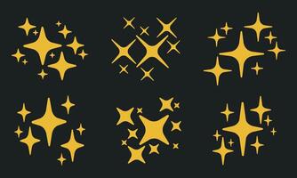 Yellow stars silhouettes. Sparkle shiny flashlights, shiny twinkling sparkles and glitter stars flat illustration set. Hand drawn sparkles collection vector