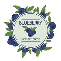 Blueberry frame. Blueberries with leaves, delicious blueberries round frame flat background illustration. Juicy blueberry design with place for text and logo vector