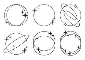 Round y2k frames. Minimalist abstract shapes with stars and sparkles, trendy y2k aesthetic frames flat illustration set. Modern outline frames vector