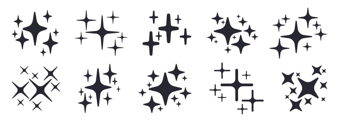 Sparkle stars silhouettes. Shiny glitter flashlights, shiny twinkling sparkles and stars flat illustration set. Sparkles collection