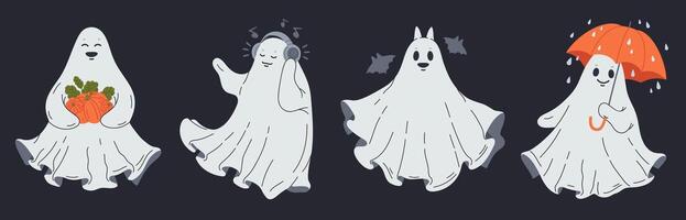 fantasma caracteres. Víspera de Todos los Santos linda fantasmas, gracioso fantasma escalofriante espíritu, escalofriante noche oscuridad plano ilustraciones colocar. mano dibujado alegre fantasmas vector