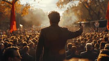 A male politician delivering a speech at a public rally, viewed from behind, addressing a diverse crowd in a park during the autumn season. photo