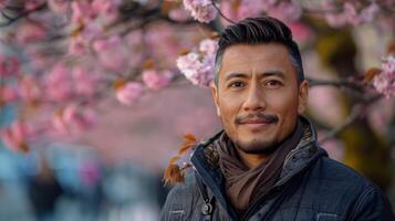 Senior Man Smiling in Blossoming Garden photo