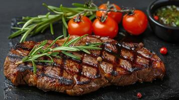 Steak and Vegetables on Black Surface photo