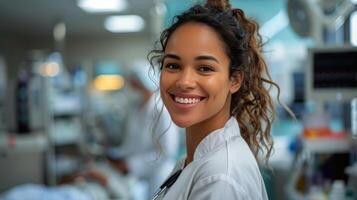 Smiling Woman in White Lab Coat photo