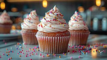 Three cupcakes with white frosting and brown sprinkles on top photo