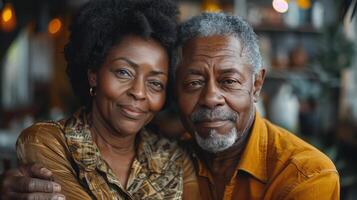 retrato de un mayor africano americano Pareja sonriente calurosamente en su cocina rodeado por Fresco vegetales. foto