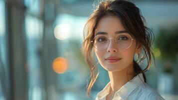 A woman wearing glasses and a white shirt photo