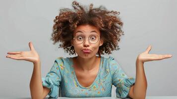 mujer haciendo gracioso cara con manos foto