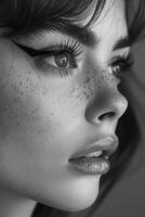 Freckled Woman in Black and White photo