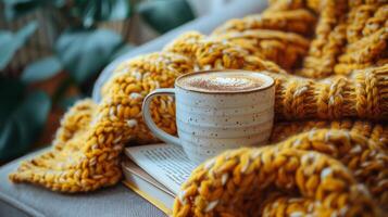 A Cup of Coffee and a Book on a Couch photo