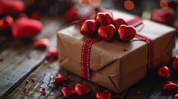 Two Wrapped Presents on Wooden Table photo