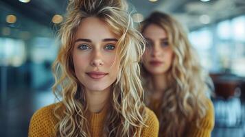 Two Beautiful Young Women Standing Together photo