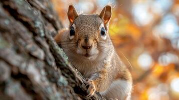 A squirrel is sitting on a tree branch photo