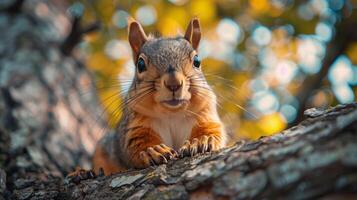 A squirrel is sitting on a tree branch photo