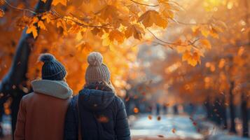 A couple walking in a park with trees in autumn photo