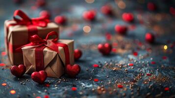 Two Wrapped Presents on Wooden Table photo