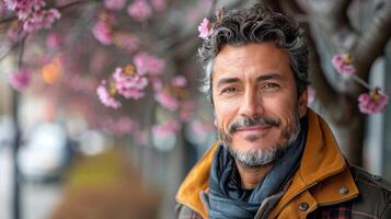 Senior Man Smiling in Blossoming Garden photo