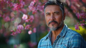 Senior Man Smiling in Blossoming Garden photo