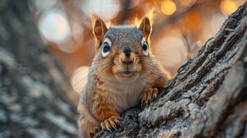 A squirrel is sitting on a tree branch photo
